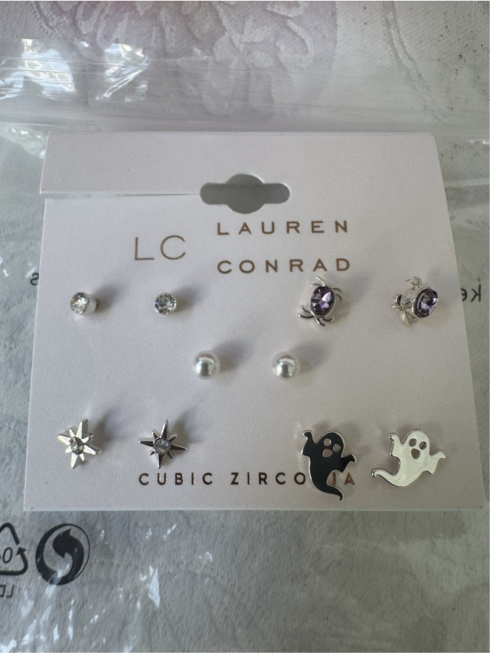 LC Lauren Conrad Set 5 Pairs Ghost Spider Pearl Silver CZ Tiny Stud Earrings NEW